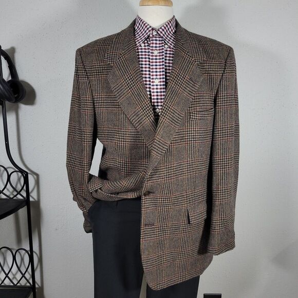 Farah Men's Tweed Sport Coat Blazer‎ Two Button Brown Plaid Wool Nylon Sz 46L